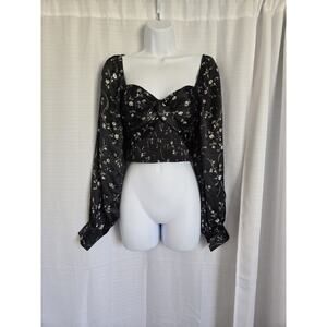 Urban Outfitters Small Maya Smocked Floral Black Top Dark Cottagecore Cropped